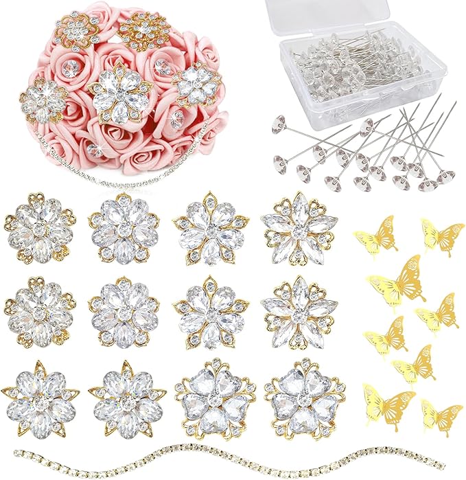 Yhsheen Rhinestone Brooches Bouquet Pins Corsage Boutonniere Pins Crystal Brooch Diamond kits for Wedding Accessories Jewelry Decoration DIY Craft Sewing(Gold)