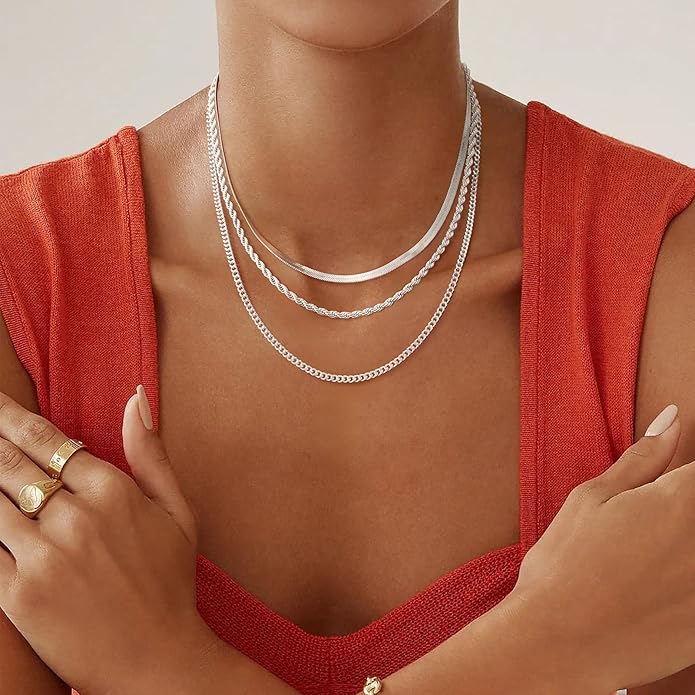 Layered Gold Necklace for Women Dainty 14K Gold/Silver Plated Stacked Necklace for Women Trendy Cuban Paperclip Herringbone Chain Diamond Pendant Necklaces Jewelry Set Accessories Gift