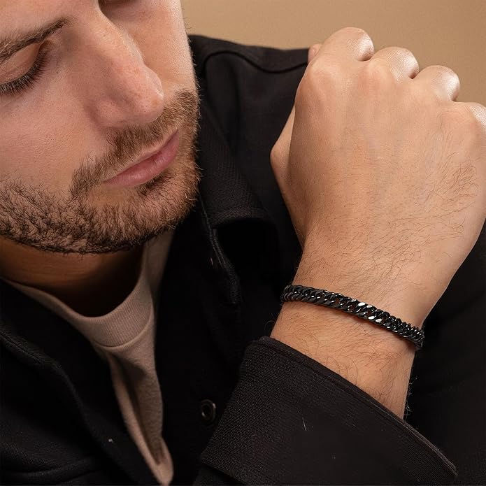 IEFLIFE Bracelet Gifts for Men Him - Silver/Black Stainless Steel Cuban Link Chain Bracelet Gifts for Son Grandson, Fathers Day Anniversary Birthday Gift for Men Husband, 8mm Bracelets Gift Jewelry