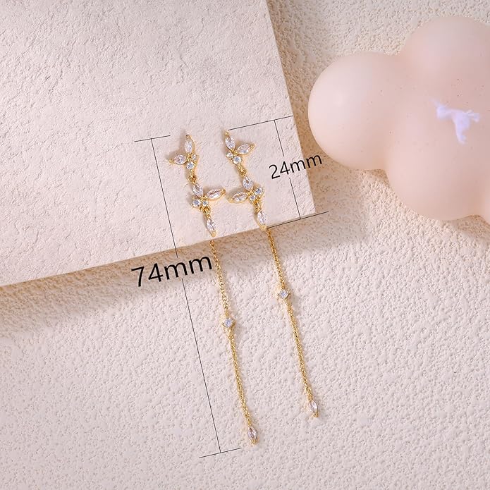 14K Gold Plated Butterfly Dangle Earrings for Women - Dainty, Trendy, Hypoallergenic CZ Drop Earrings - Simple Long Dangling Jewelry