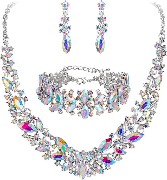 BriLove Women's Wedding Bridal Austrian Crystal Marquise Cluster Collar Necklace Dangle Earrings Set