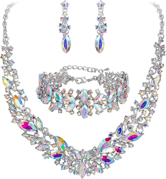 BriLove Women's Wedding Bridal Austrian Crystal Marquise Cluster Collar Necklace Dangle Earrings Set