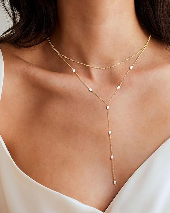 M MOOHAM Gold Lariat Necklace for Women - Dainty 14K Gold Plated Y-Shaped Long Drop Necklace Pearl Cross Clover Butterfly Cubic Zirconia Charm Layered Necklaces for Women Simple Jewelry Gifts