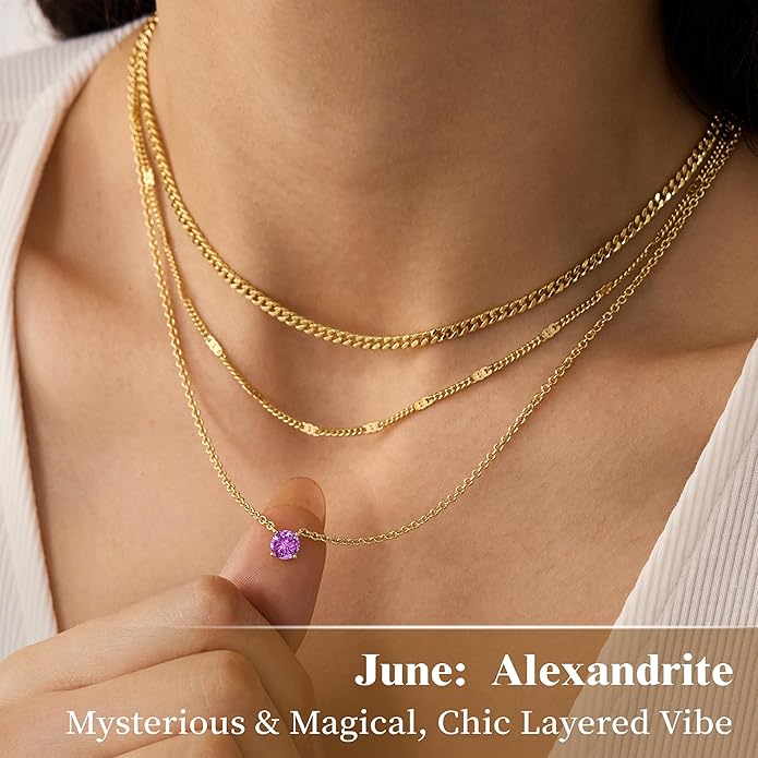 WomenGifts Layered Gold Necklaces for Women, 14K Gold Sterling Silver Plated Dainty Pendant Necklace Set with Cubic Zirconia Circle, Chunky Stackable Cuban Chain Choker, Trendy Personalized Birthstone Jewelry Gift Non Tarnish