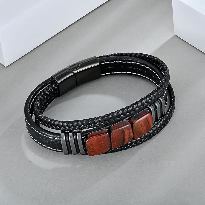 STARCHENIE Multi Strand Bracelet for Men Square Authentic Tiger Eye Black Braided Leather Mens Bracelet and Stainless Steel Buckle