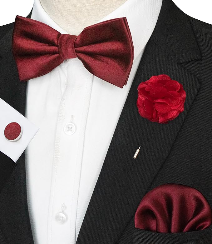 JEMYGINS Solid Color mens Pre-tied Bow Tie and Pocket Square Cufflinks Sets with Gift Box