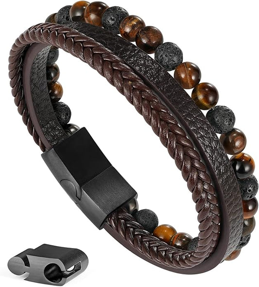 Gifts for Men - Layered Leather Beads Bracelet, Tiger Eye Lava Rock Stone Braided Leather Bracelets for Men Adjustable Magnetic Clasp Birthday Gifts