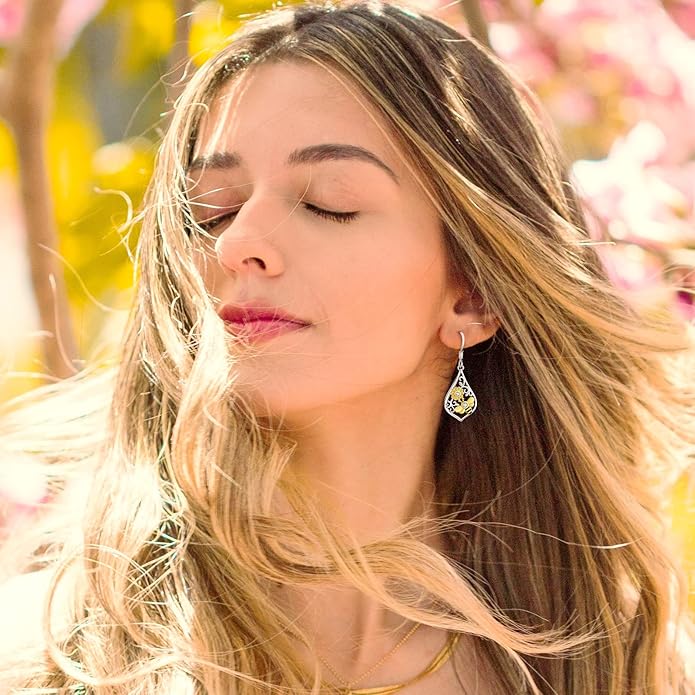 Sterling Silver Tree of Life/Flower/Bee/Animals/Cat/Hummingbird Dangle Earrings Moonstone Turquoise Drop Leverback Earrings Jewelry Gifts