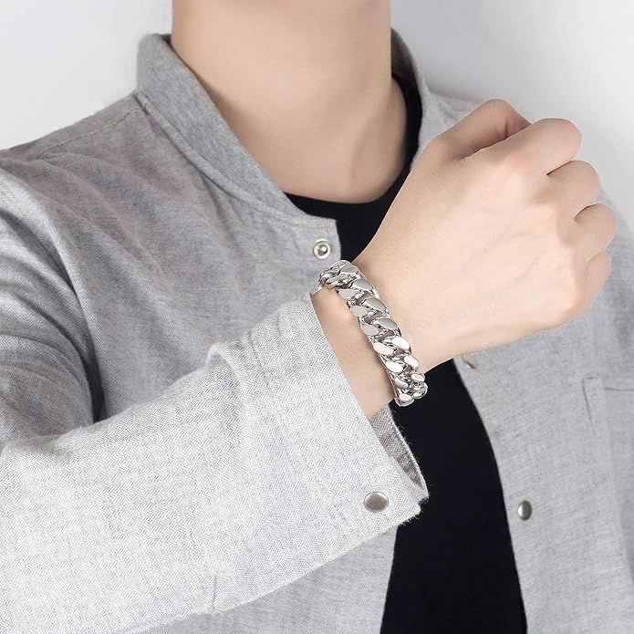 Fashion 925 Sterling Silver Solid Miami Cuban Link Chain Bracelet 8MM-12MM-14MM Curb Cuban Solid Thick Big Link Bracelet For Men 7-10 Inch Jewelry Gift