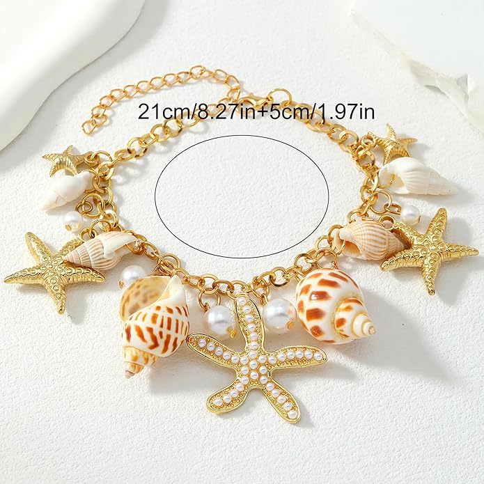 Shell Ankle Bracelet Set for Women, Gold Plated Boho Bead Adjustable Anklet, Hawaiian Beach Seashell Pearl Heart Starfish Conch Foot Jewelry Gifts