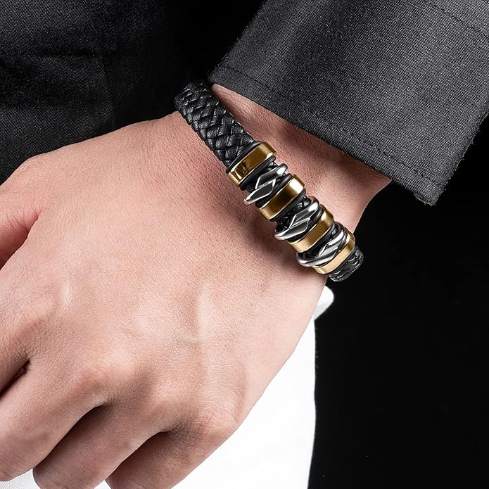 Leather Bracelet for Men Braided Cuff Wristband Stainless Steel Clasp in Silver and Gold Jewellery Gift