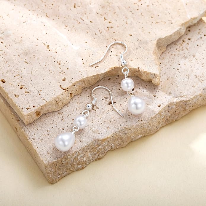 14K Gold Plated Pearl Dangle Earrings for Women, Small Pearl Drop Huggie Hoop Earrings, Hypoallergenic Dainty Gold Wedding Earrings Jewelry Gifts for Women Trendy