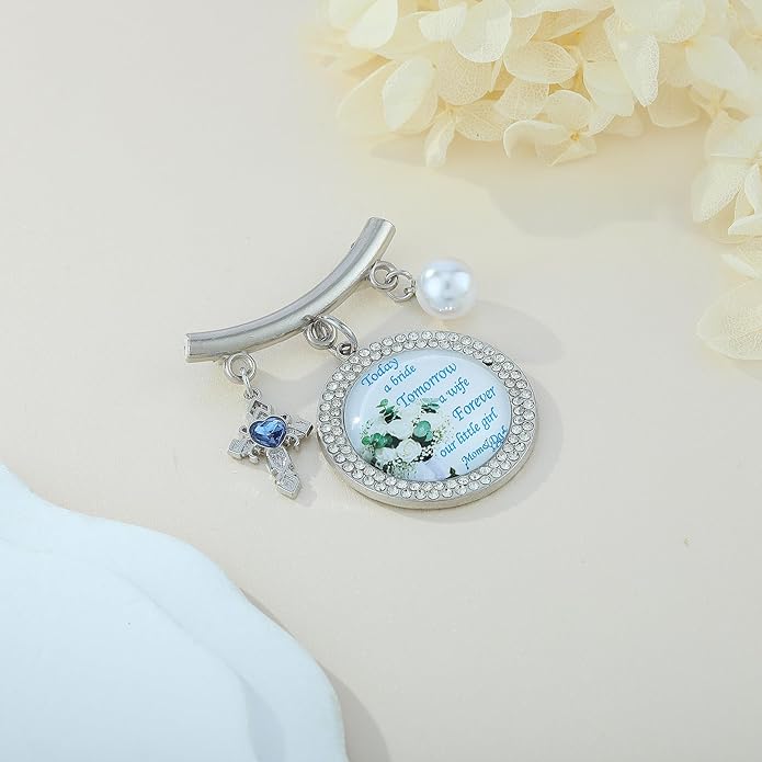 Wedding Bridal Pin, Something Blue Silver Crystal Brooch with Blue Heart Charm, Pearl Accent and Sentimental Message for Mother of Bride Gift