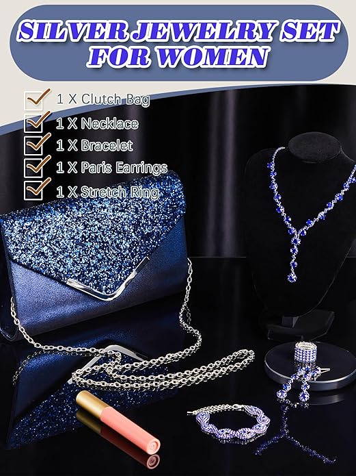 Henoyso 5 Pcs Purse Rhinestone Jewelry Set Prom Jewelry Rhinestone Clutch Purse Necklace Earrings Bracelets for Women Bride