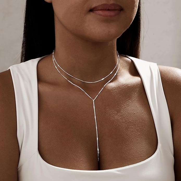 Long Gold Necklace for Women Trendy, Dainty Layered Lariat Necklace 14k Gold Plated Silver Y Shaped Beaded Chain Non Tarnish Drop Necklaces Simple Adjustable Jewelry Gift