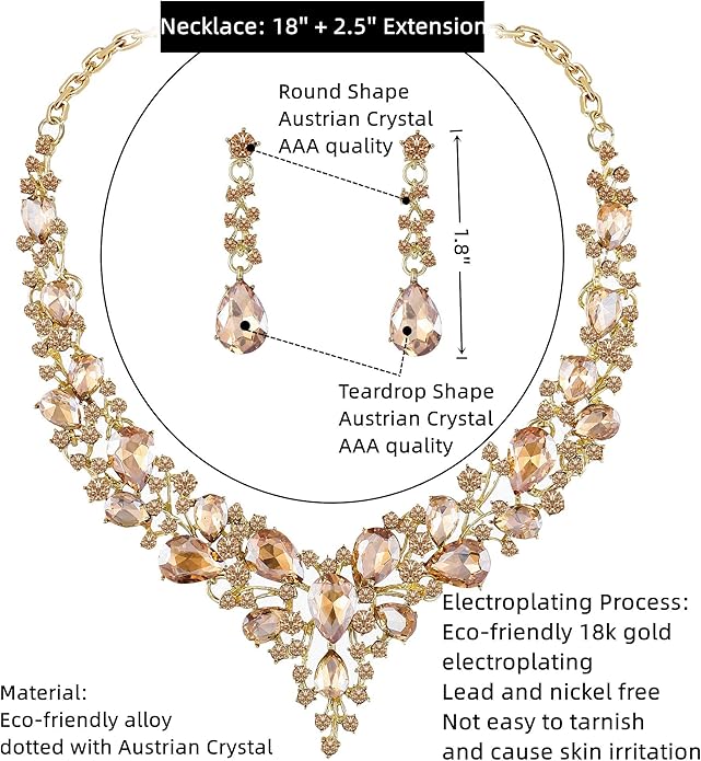 Paxuan Crystal Bridal Wedding Jewelry Sets for Women Rhinestone Teardrop Crystal Statement Choker Necklace Drop Earrings Link Bracelets Rings Teardrop Jewelry Set for Brides Bridesmaids