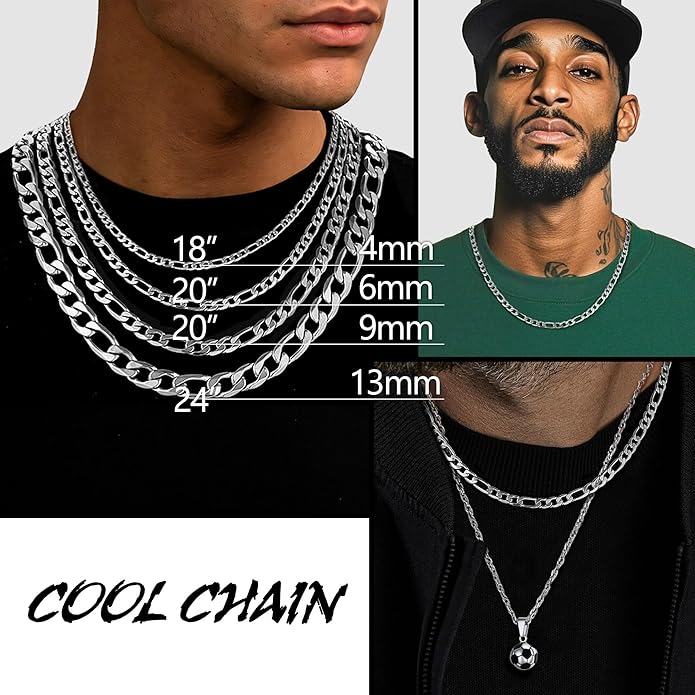PROSTEEL 316L Stainless Steel Figaro Cuban Chain Necklace for Men, Black/18K Real Gold Plated, 4/5/6/7.5/9/10/13mm, 14inch-30inch, Come with Box