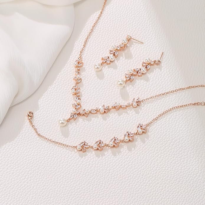 EleQueen Women's Simulated Pearl Wedding Jewelry Set, Cubic Zirconia Marquise Floral Bridal Necklace Earrings Bracelet Sets