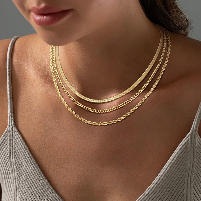 Gold/Silver Necklaces Stack For Women, 14K Gold/Sterling Silver Plated Layered Choker Necklace Set, Stackable Multilayer Simple Cuban Snake Paperclip Chain Set Jewelry Gift for Women
