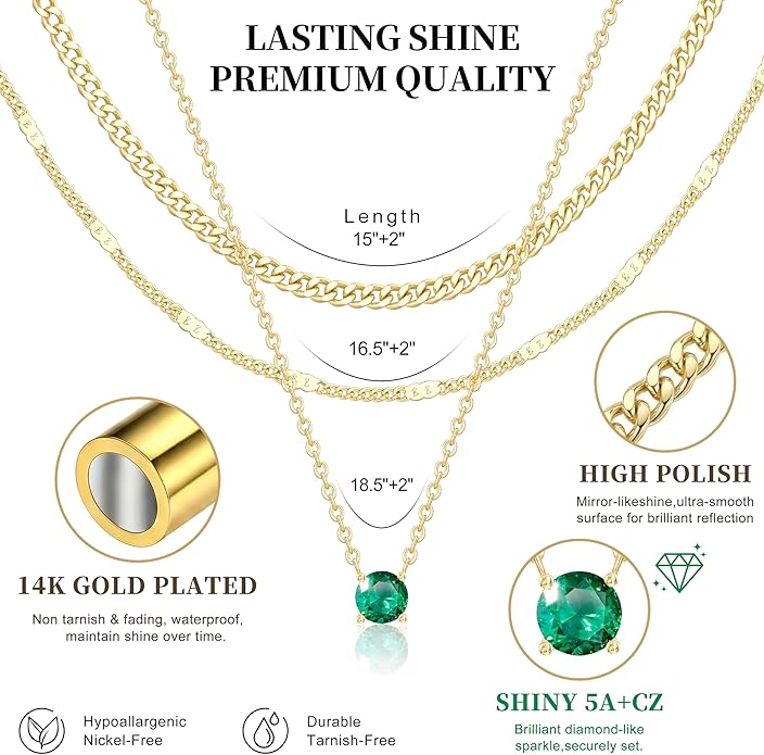WomenGifts Layered Gold Necklaces for Women, 14K Gold Sterling Silver Plated Dainty Pendant Necklace Set with Cubic Zirconia Circle, Chunky Stackable Cuban Chain Choker, Trendy Personalized Birthstone Jewelry Gift Non Tarnish