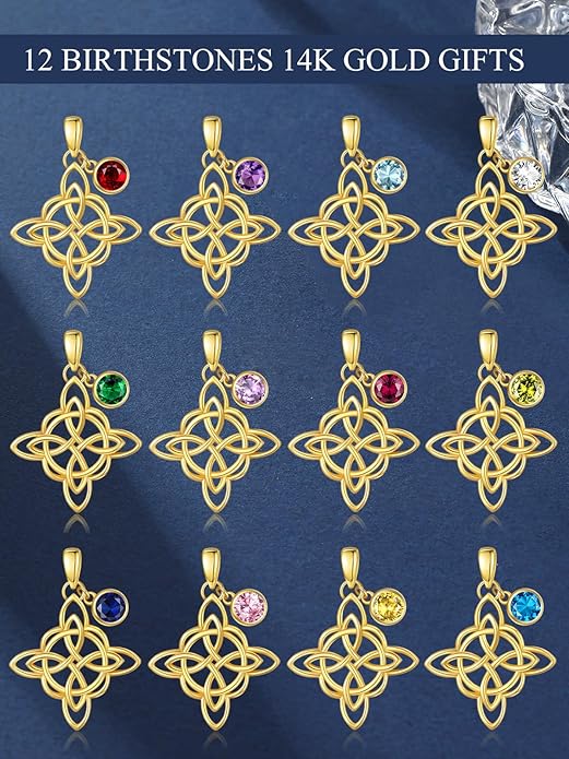 Witches Knot Necklace for Women, 14K Gold Celtic Knot Cross Jewelry with Triquetra Trinity with Birthstone Pendant, Birthday Witchy Spiritual Gifts for Her Wife Mom Grandma, 18+2 Inch Chain