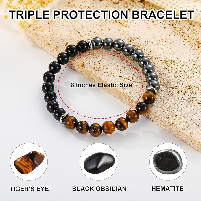 Triple Protection Bracelet for Men, Mens Black Obsidian Hematite Tiger Eye Beaded Natural Stone Evil Eye Bracelet Jewelry Gifts for Birthday Christmas