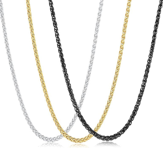Garysiom 3 Pcs Chain Necklace for Men, 4mm Stainless Steel Gold Black and Silver Wheat Chains for Mens Jewelry Gift, 16"/20"/24"/28"/32 Inches