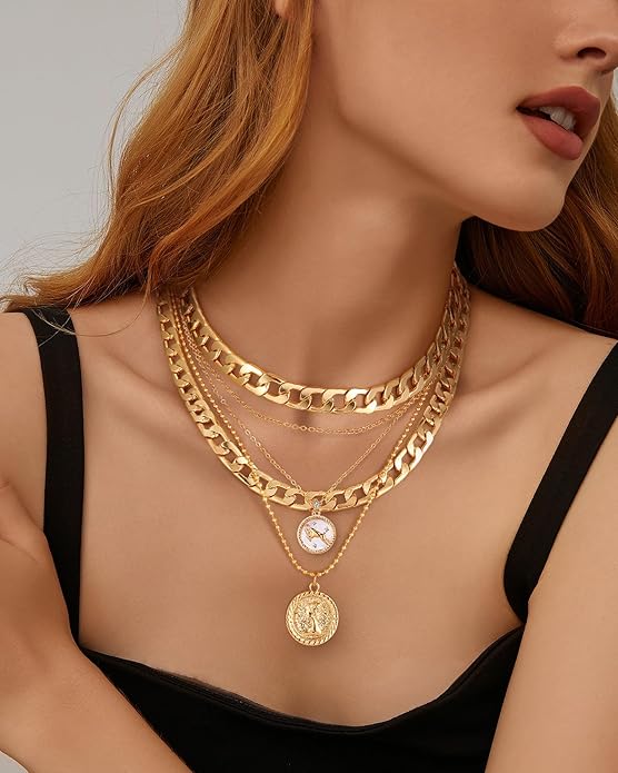 MJartoria Layered Necklaces for Women Trendy Retro Coin Pendant Necklace Dainty Chunky Chain Choker Necklaces for Jewelry Birthday Gifts