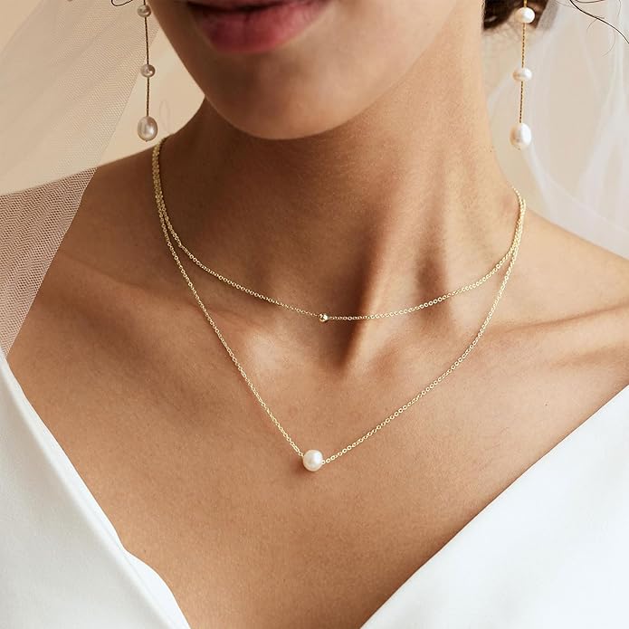 Gold Pearl Necklaces for Women Trendy, 14K Gold Plated Dainty Necklace Simple Layered Pearl Necklaces for Women Trendy Wedding Birthday Jewelry