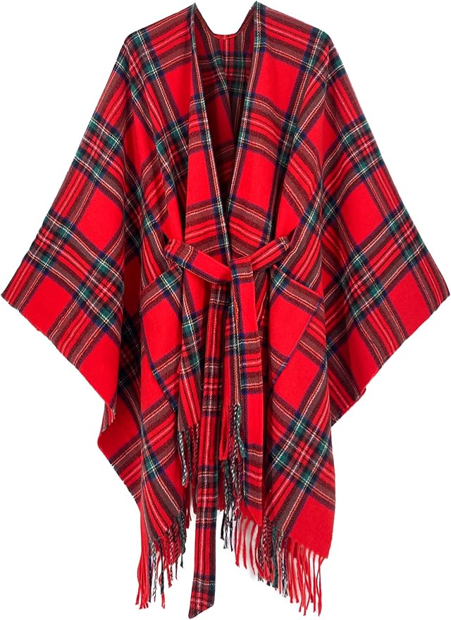 Moss Rose Women's Travel Plaid Shawl Wrap Open Front Poncho Cape for Fall Winter