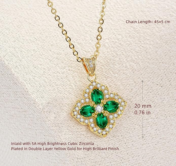 VONSSY Four Leaf Clover Necklace Earrings Shamrock Irish ST Patricks Jewelry Set Gift Green Emerald Zircon Crystal Stud 18k Gold Plated Chain Saint Pendant for Woman Wife Girlfriend