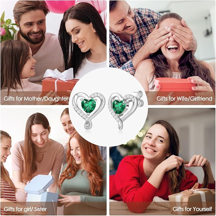 Earrings for Women, S925 Sterling Silver Rose Gold Birthstone Heart Studs Earring for Girlfriend Wife, Anniversary Birthday Christmas Valentines Mothers Day Gifts Jewelry for Women Wife Her Mom