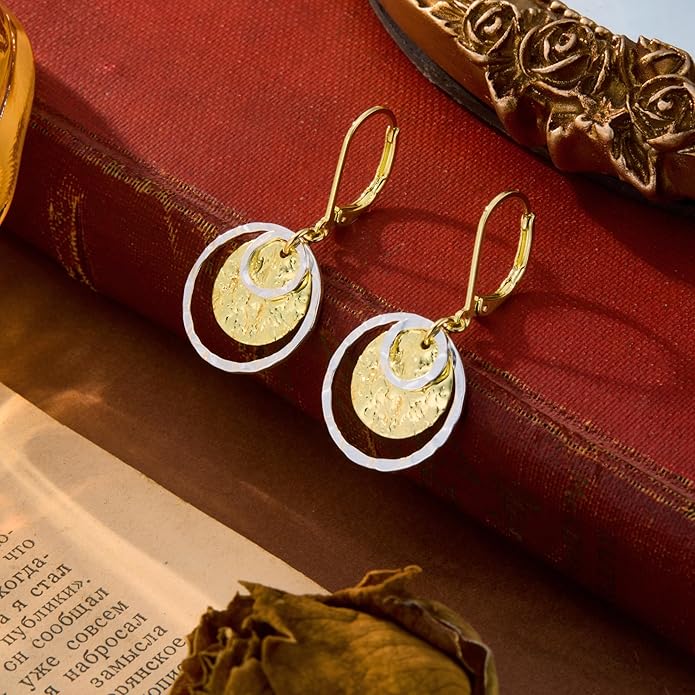 Sterling Silver Disc Leverback Earrings for Women Gold and Silver Circle Drop Dangle Earrings Jewelry Hypoallergenic Hammered Leverback Dangle Earrings for Gifts