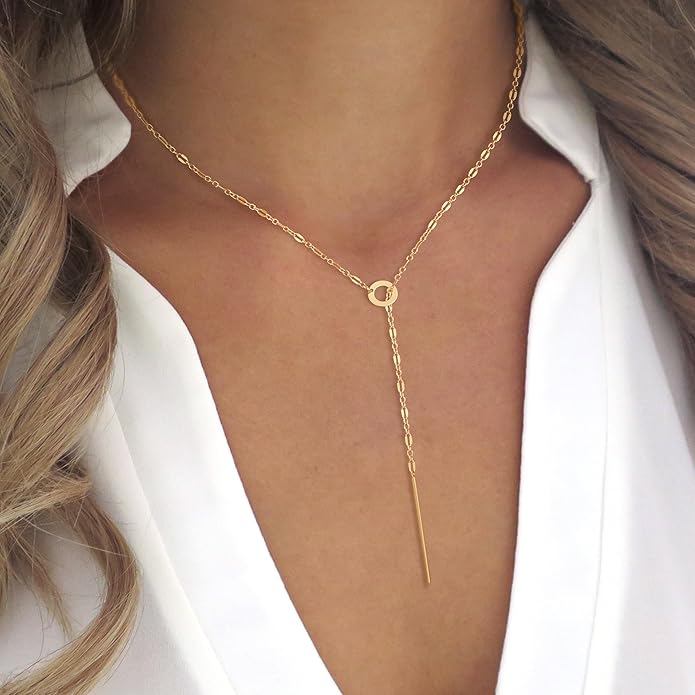 Lariat Necklaces for Women - Dainty Long Necklace Trendy 14K Gold Plated Hypoallergenic Layered Long Y-Shape Sunburst CZ T-Bar Pendant Drop Chain Necklace Set for Women Non Tarinsh Jewelry Gift