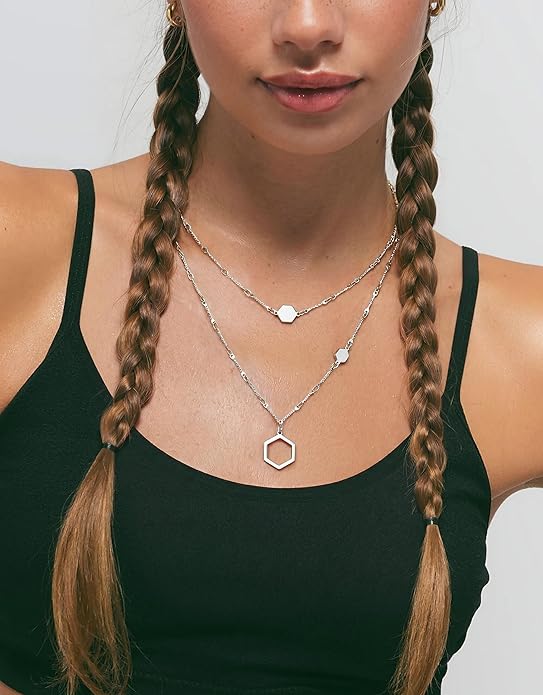 UBGICIG Honeycomb Layered Pendant Necklaces for Women Stackable, Dainty Y-Shaped Lariat Paperclip Pearl Heart Necklace, 16K Gold Silver Plated Long Necklaces Women's Trendy Drop Chain Necklace Jewelry