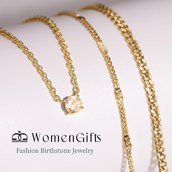 WomenGifts Layered Gold Necklaces for Women, 14K Gold Sterling Silver Plated Dainty Pendant Necklace Set with Cubic Zirconia Circle, Chunky Stackable Cuban Chain Choker, Trendy Personalized Birthstone Jewelry Gift Non Tarnish