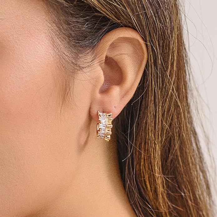 14K Gold & Rose Gold Hoop Earrings for Women, Chunky Huggie Half Hoops Earrings, Hypoallergenic Non Tarnish Cubic Zirconia Trendy Minimalist Everyday Jewelry Gift