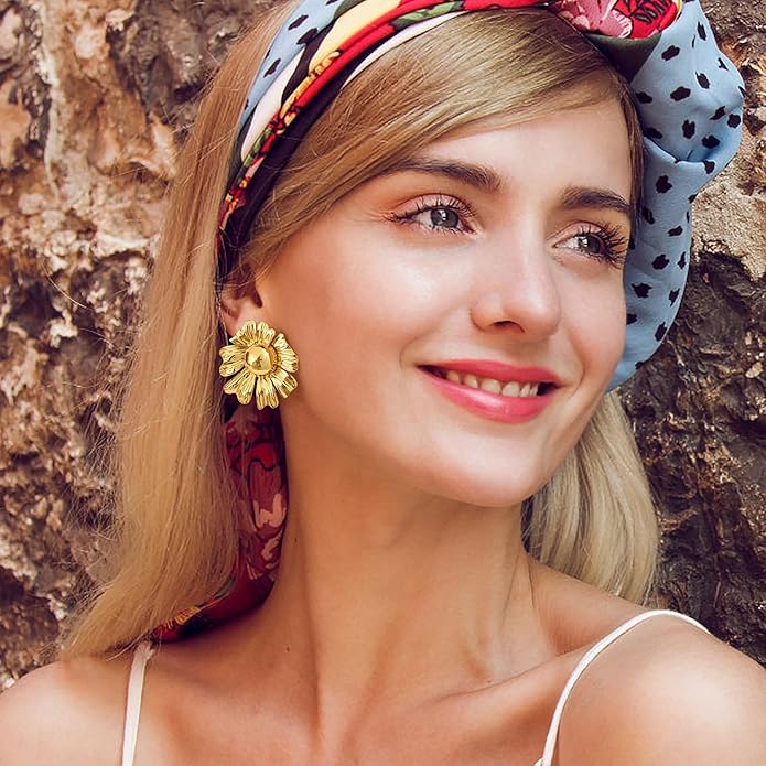 Womens Floral Gold Studs Earrings - 14K Gold Plated Earring,Personality Summer Big Flower Stud,Hypoallergenic Statement Chunky Ear Rings Aretes Trendy Jewelry,Christmas Birthday Prom Gifts for Her