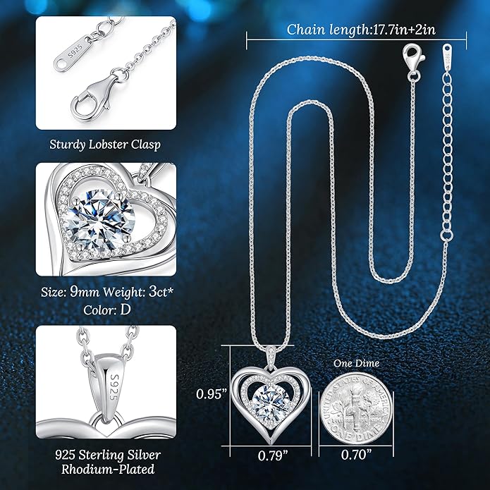 Moissanite Heart Pendant Necklaces for Women, 925 Sterling Silver Necklace Engraved with 'I LOVE YOU', Ideal Anniversary Birthday Christmas Valentine Mothers Day Jewelry Gifts for Mom Wife Girlfriend Daughter Her