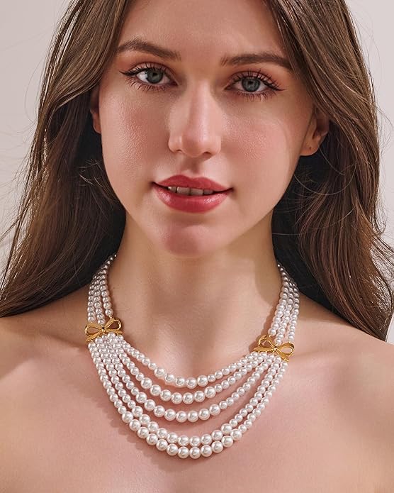 Gold Bow Imitation Pearl Layered Necklaces For Women Stack Necklace Charm Elegant Bow Necklaces Jewelry Presents