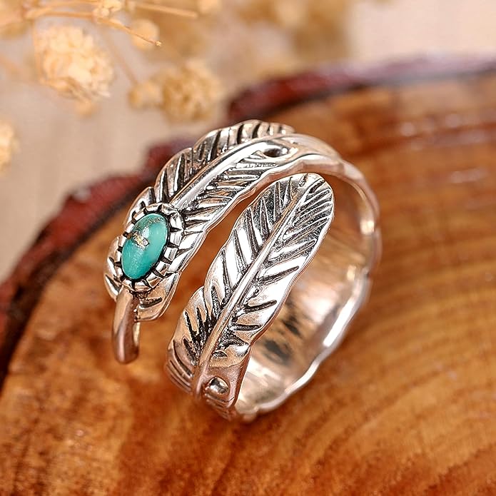 Sterling Silver Feather Ring with Black Onyx & Turquoise - Adjustable Stacking Vintage Statement Ring for Women & Men