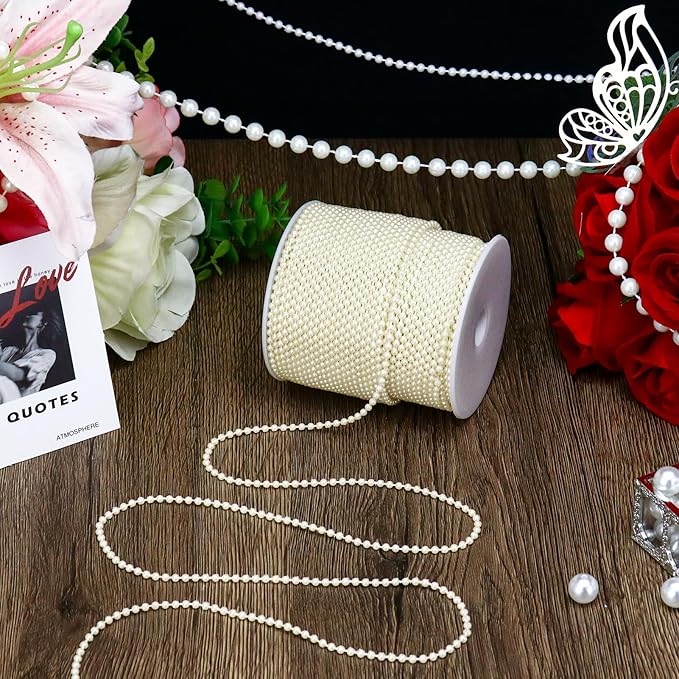 Towenm 99 Feet 3mm Faux Ivory Pearl Strings Garland for Crafts, Artificial Small Pearl Beaded Trim Chain Strands for Wedding Centerpieces Party Decoration Christmas Tree Garland, Ivory
