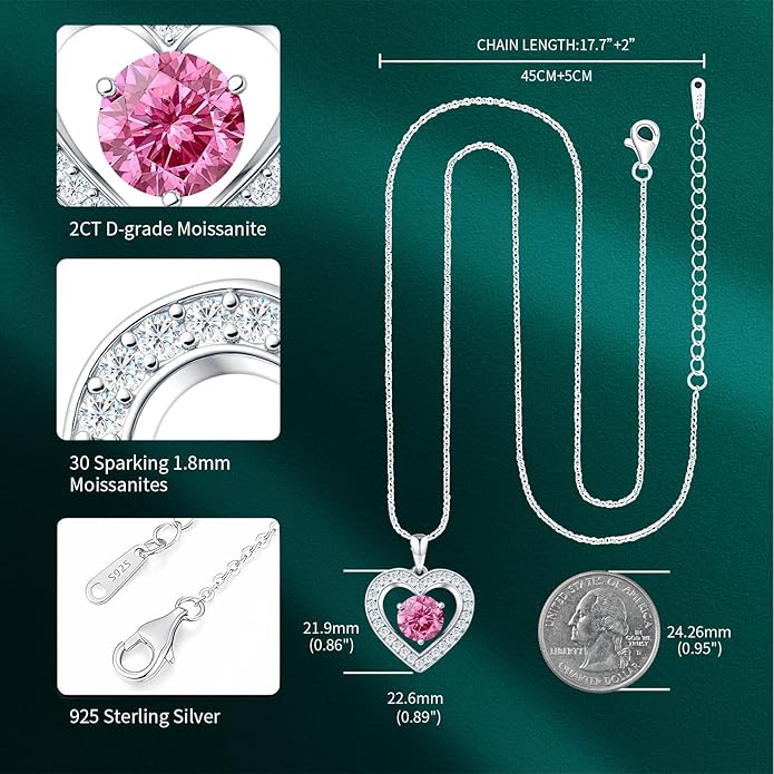 31-Stone Birthstone Heart Necklace for Women | 2ct Moissanite & 30 Sparkling Accents | Valentine's Day, Birthday,Mother's Day, Christmas Gift for Wife, Mother, Girlfriend