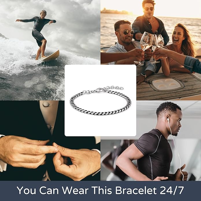 Galis Mens Bracelet - Cuban Link or Box Chain Layered Chain For Men - Premium Stainless Steel, Gift for him, Gold, Silver, Black Bracelet For Men 7-8" Size, 3-5mm Thick