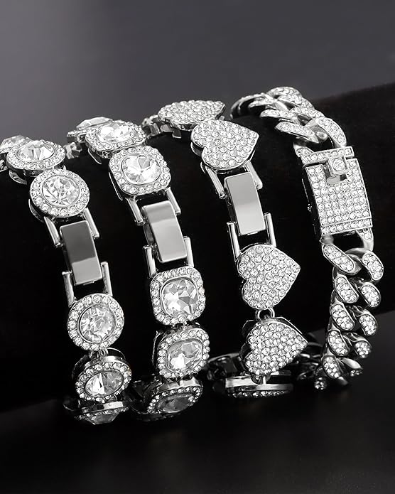 shopbyskyler 4PCS Gold Bracelets for Women Silver Clustered Tennis Bracelet for Women Heart Round Diamond Cuban Bracelet Layered Link Bracelet Set Fashion Jewelry for Women Set