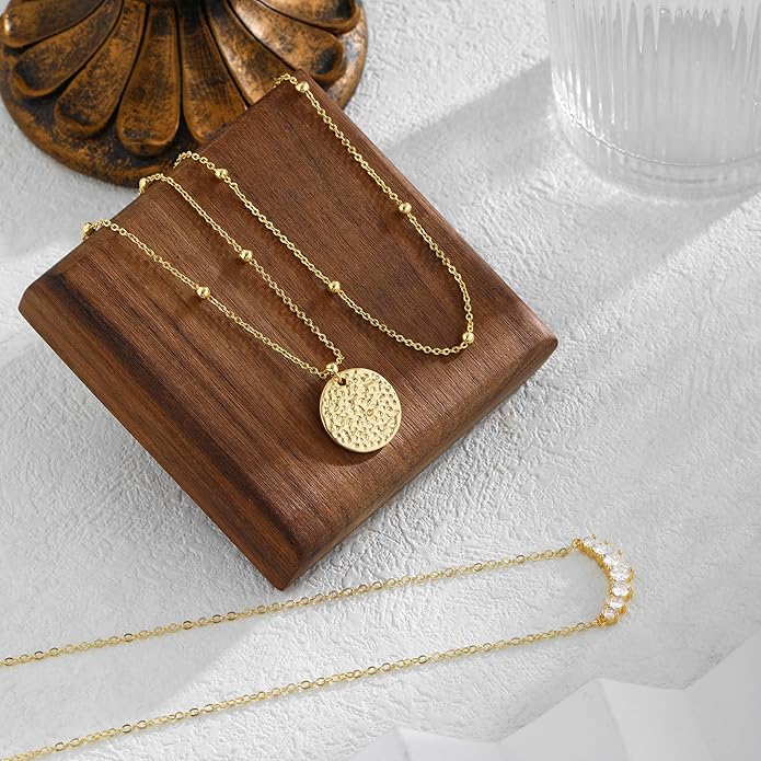 ASCOMY Gold Necklace for Women 14K Gold/Silver Plated Layered Necklaces Stackable Layering Cross Necklace Stacked Coin Pendant Pearl Herringbone Chain Stacking Gold Choker Trendy Jewelry Gift for Her