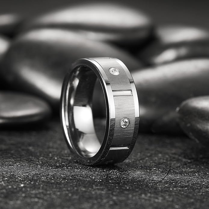 King Will Mens Tungsten Wedding Band with Cubic Zircon Inlay 7mm/8mm Flat Cut Comfort Fit Engagement Rings