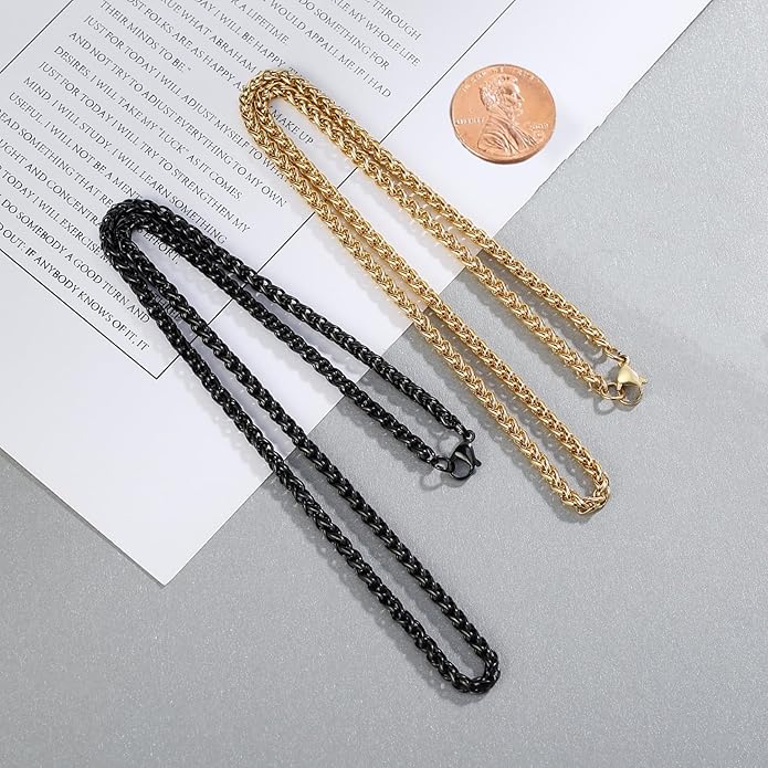 Garysiom 2 Pcs Chains for Men, 4mm Stainless Steel Silver Tone Gold or Black Wheat Necklace Chain for Men Women, 16, 20, 24, 28, 32 Inch