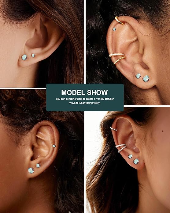 6 Pairs Stud Earrings Set, Hypoallergenic Cubic Zirconia Earrings 316L Stainless Steel CZ Earrings 3-8mm