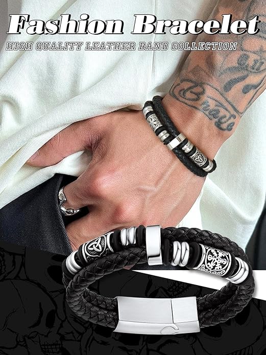 Bestyle Genuine Men Leather Bracelets Fashion Stainless Steel Celtic/Sport Ball Bead Cuff Wirstband Bracelets for Men, Size 7.5/8.3/9.1Inch